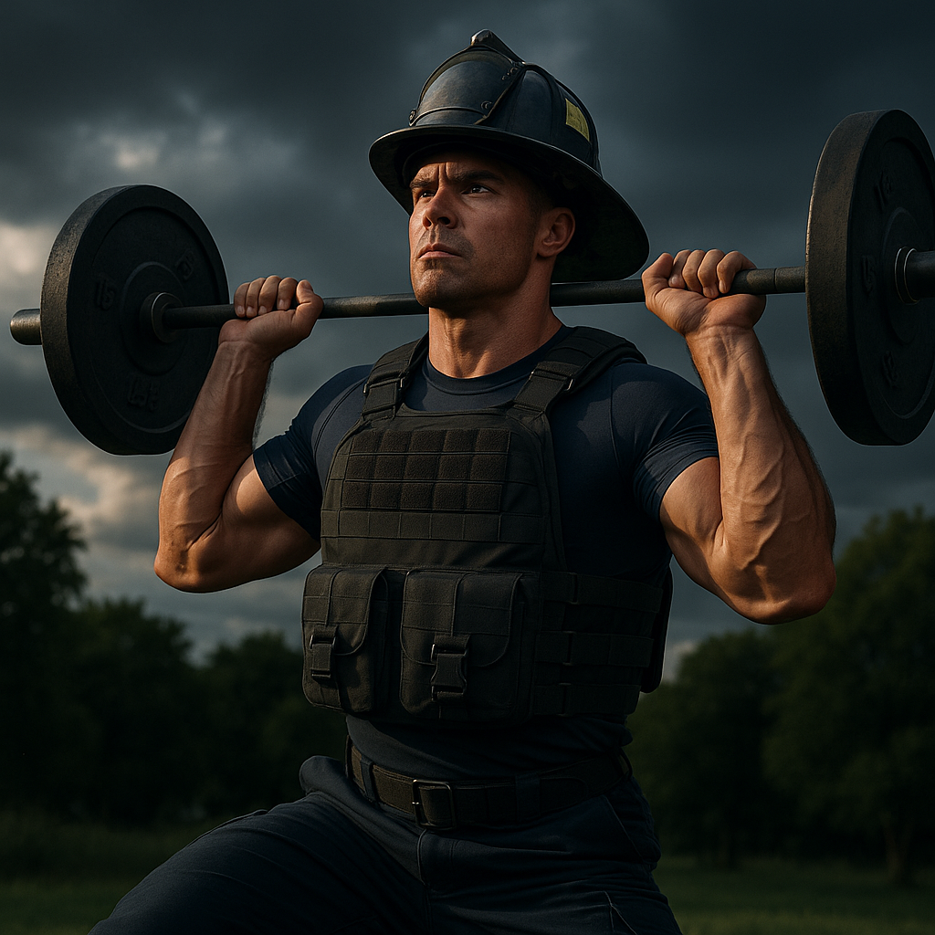Firefighter in full gear performing a physical training exercise outdoors