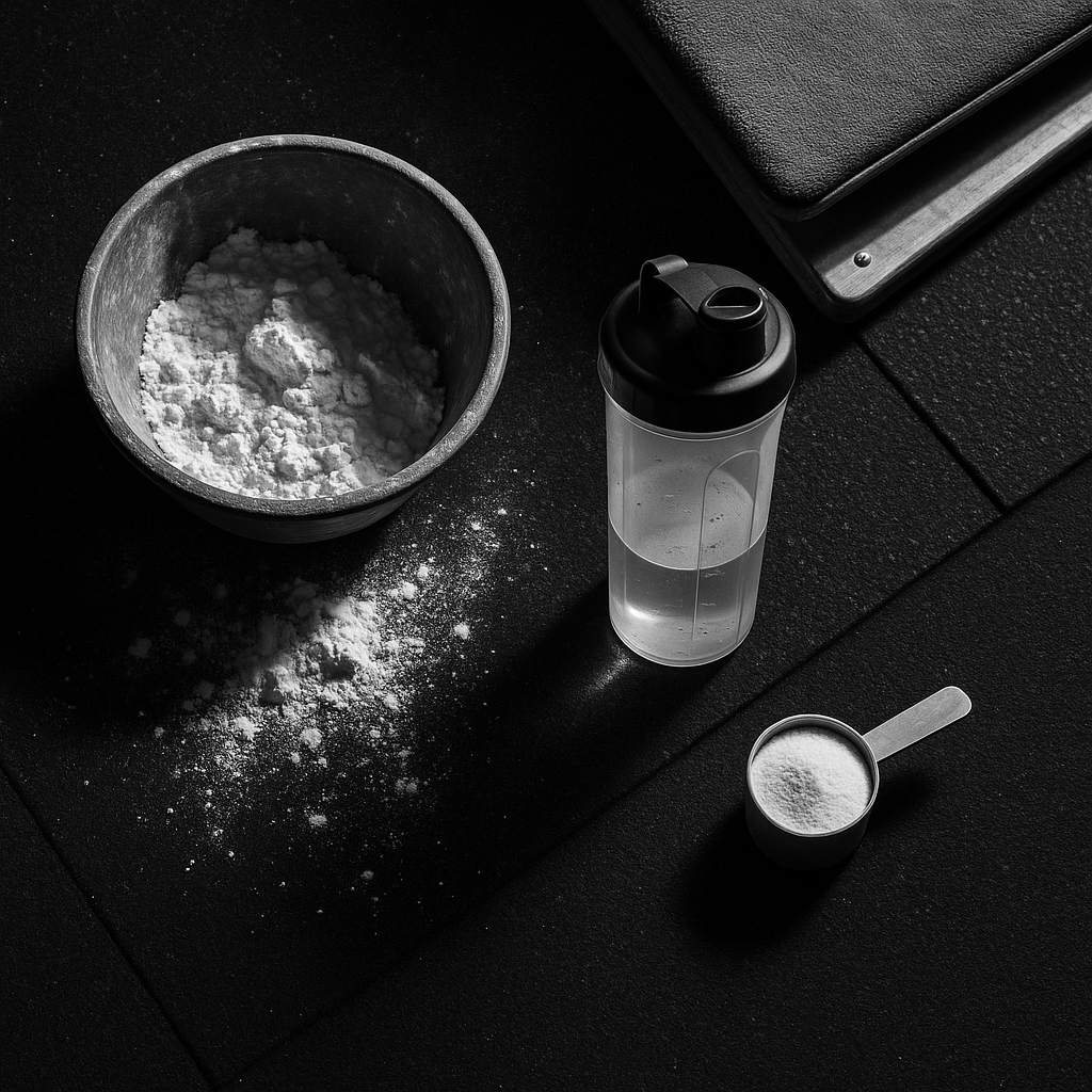 Chalked hands near a vault springboard with a creatine scoop and shaker bottle on a dark gym floor.