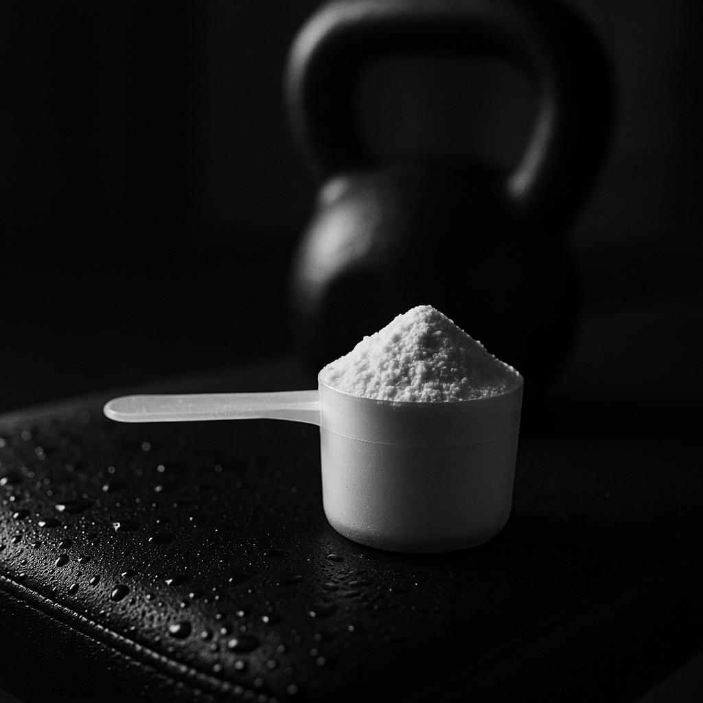 Close-up of a creatine scoop on a gym bench, with a kettlebell in the blurred background and sweat droplets visible, in monochrome tones.