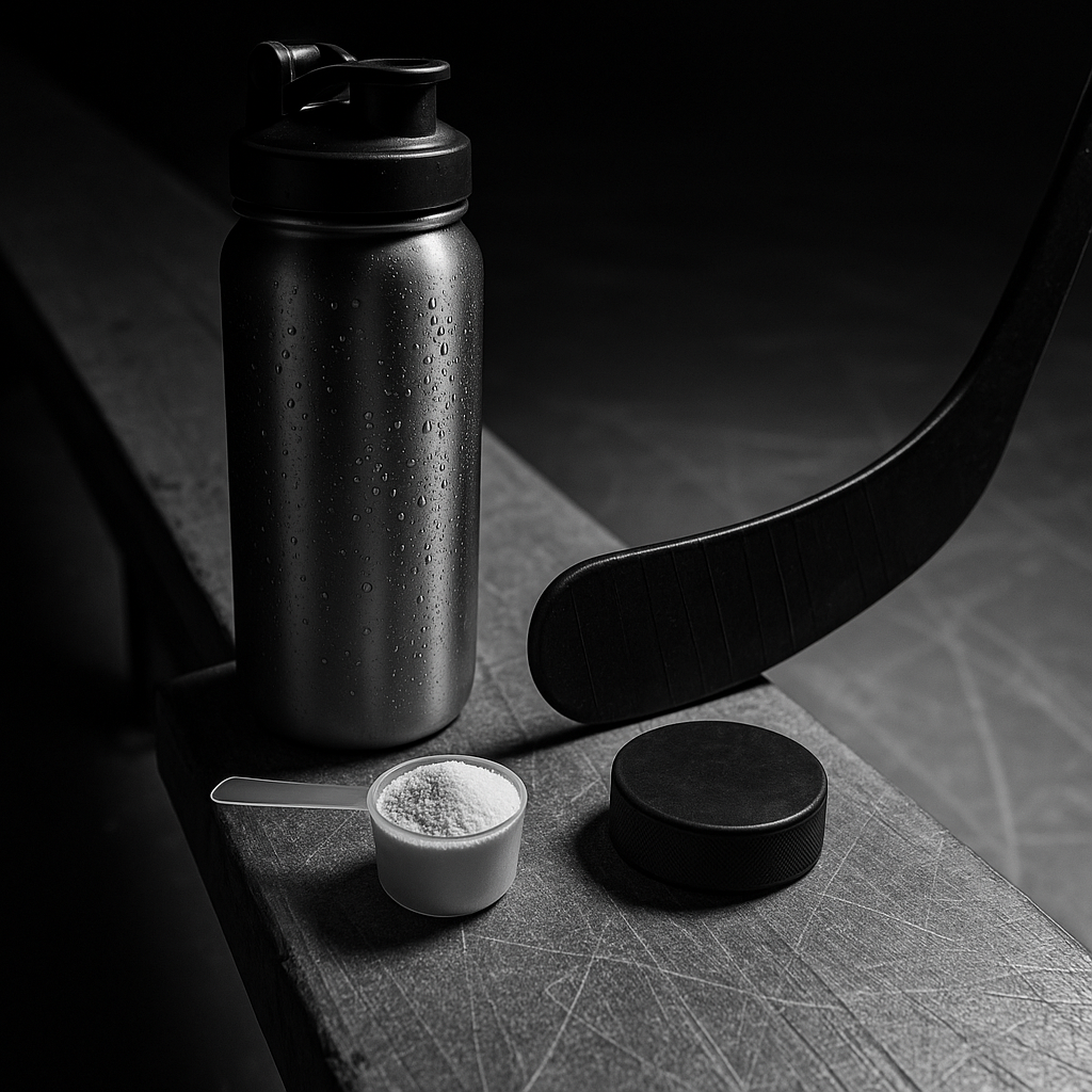 Hockey stick and puck on rink bench beside a scoop of creatine powder and a shaker bottle, with skate marks on the ice in the background