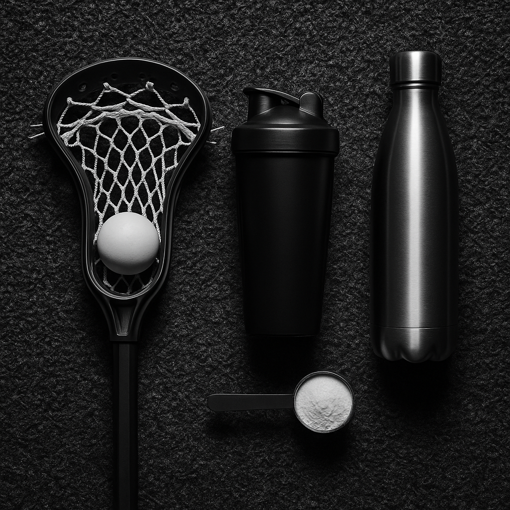 Flat lay of a lacrosse stick head with a white ball on turf beside a shaker, metal bottle, and a scoop of creatine powder.