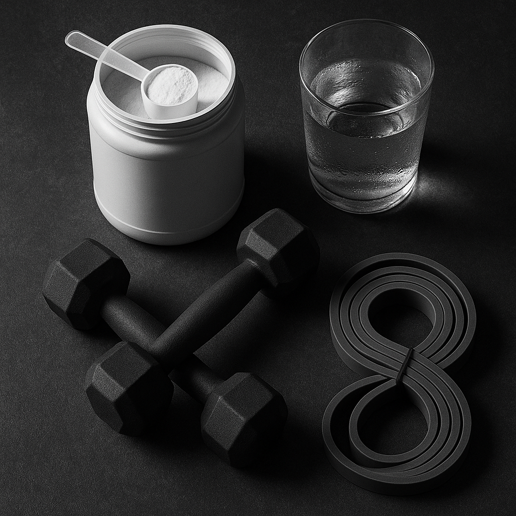 Scoop of creatine monohydrate beside a water glass, resistance band, and a pair of lightweight dumbbells on a charcoal background