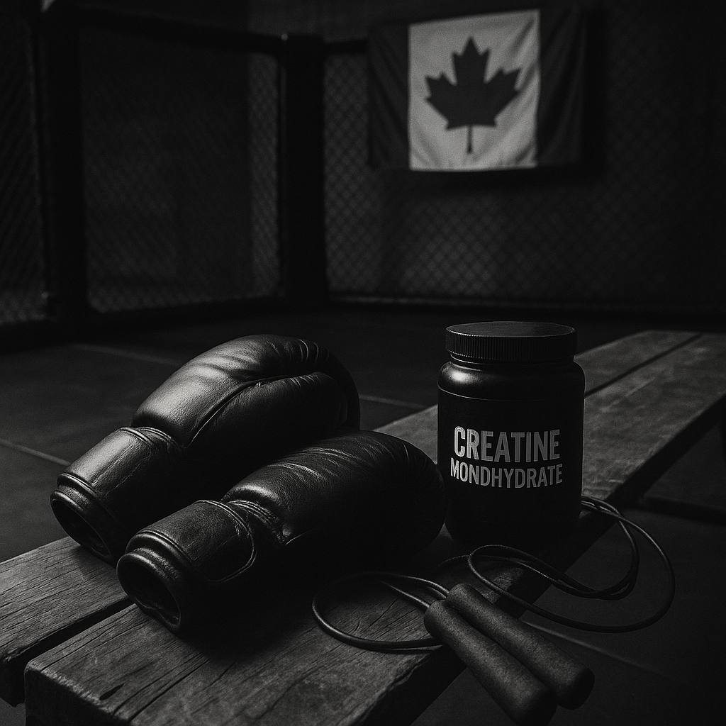 Martial arts gear and a creatine supplement tub in a Canadian gym