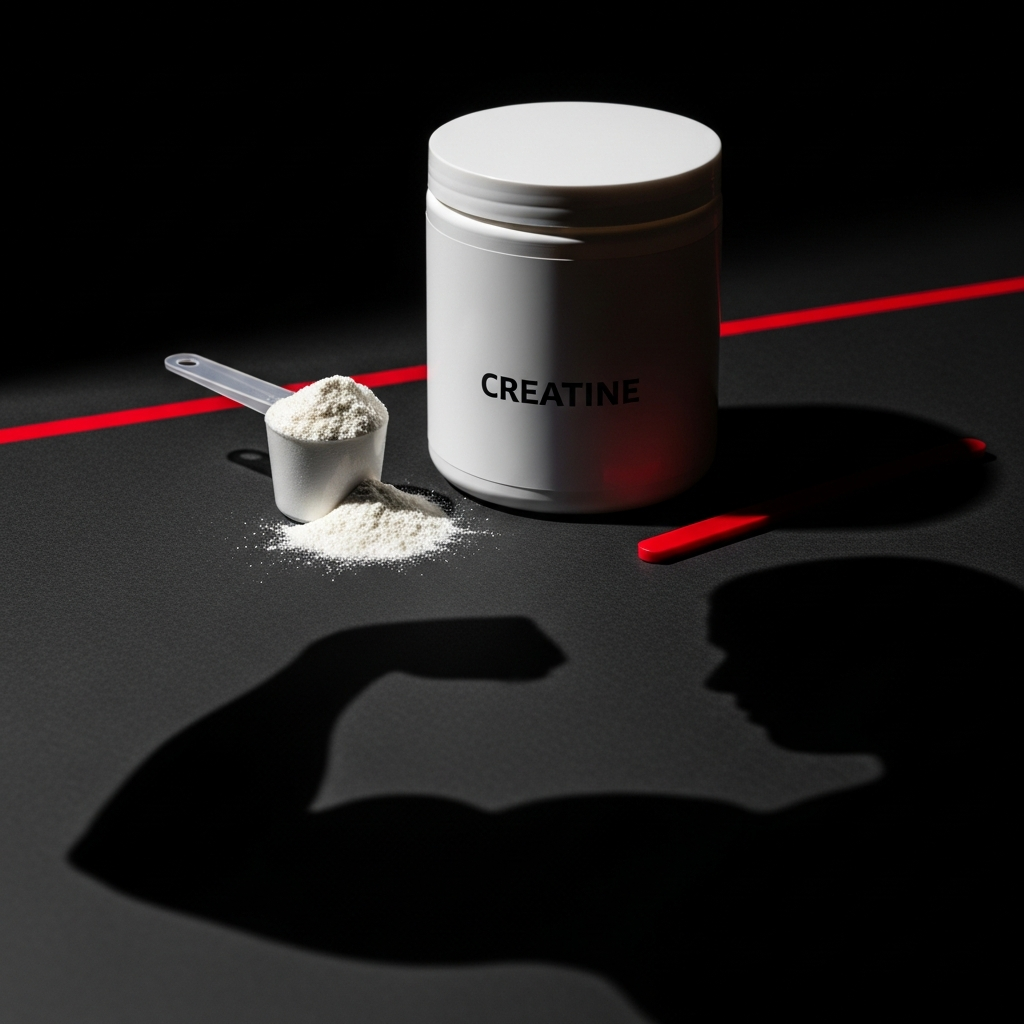 Un pot de créatine et une cuillère avec l’ombre dramatique d’un bras fléchi sur une surface sombre