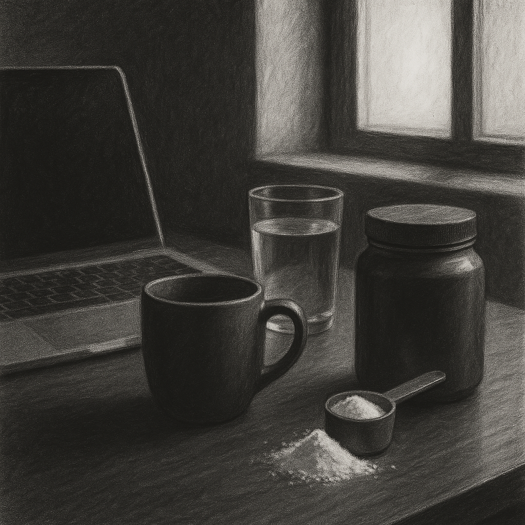 Scoop of creatine monohydrate beside a laptop, notebook, and coffee mug on a clean modern desk