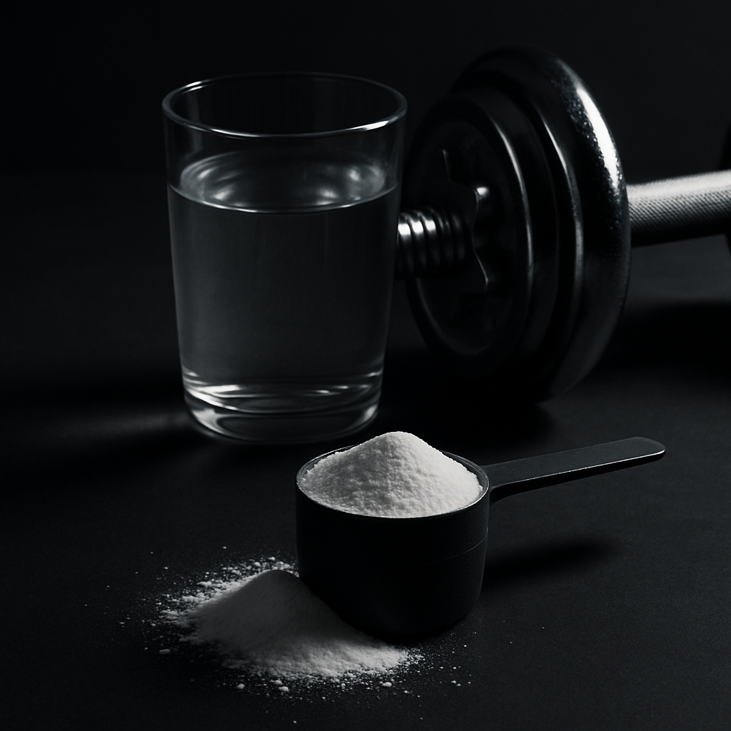 A measuring scoop of creatine monohydrate powder beside a glass of water and a pair of adjustable dumbbells on a clean black surface