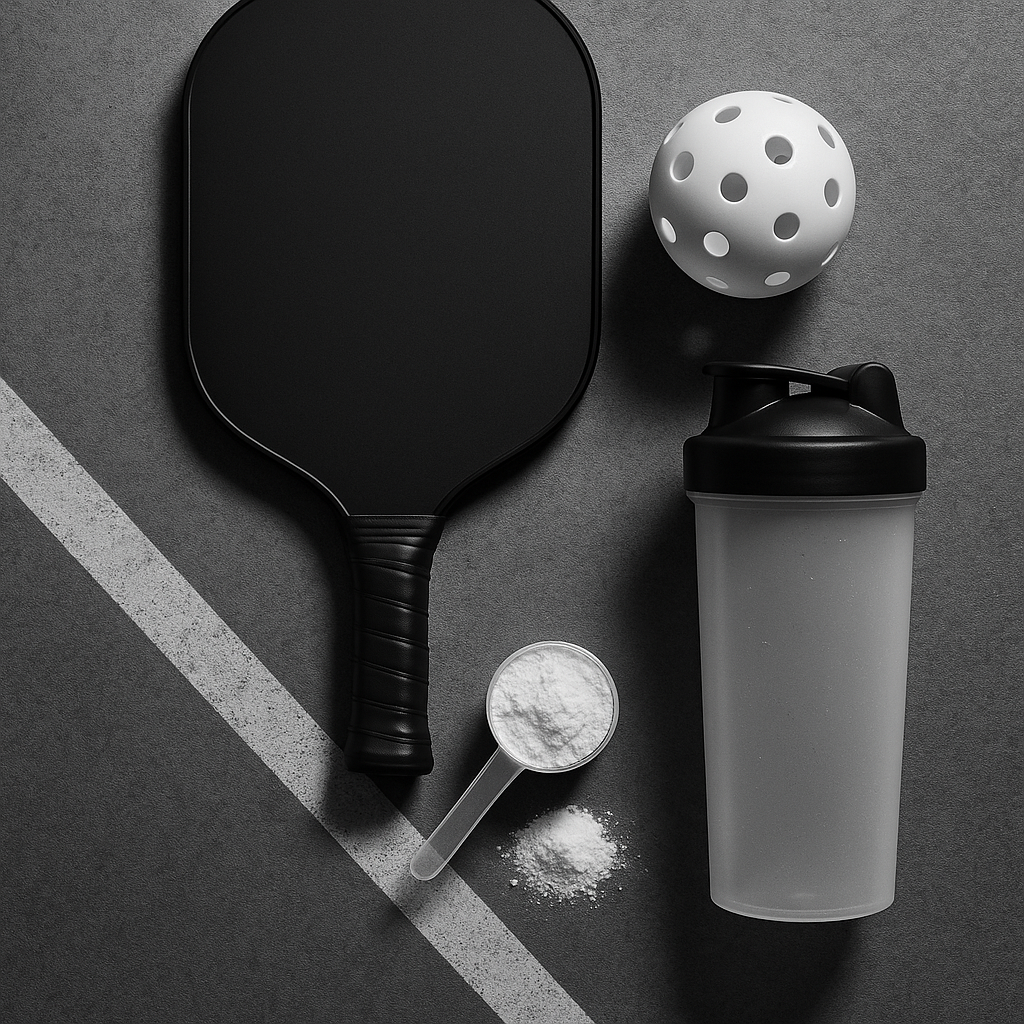 Minimalist flat-lay of a pickleball paddle and ball beside a scoop of creatine powder and a shaker bottle on a court surface.