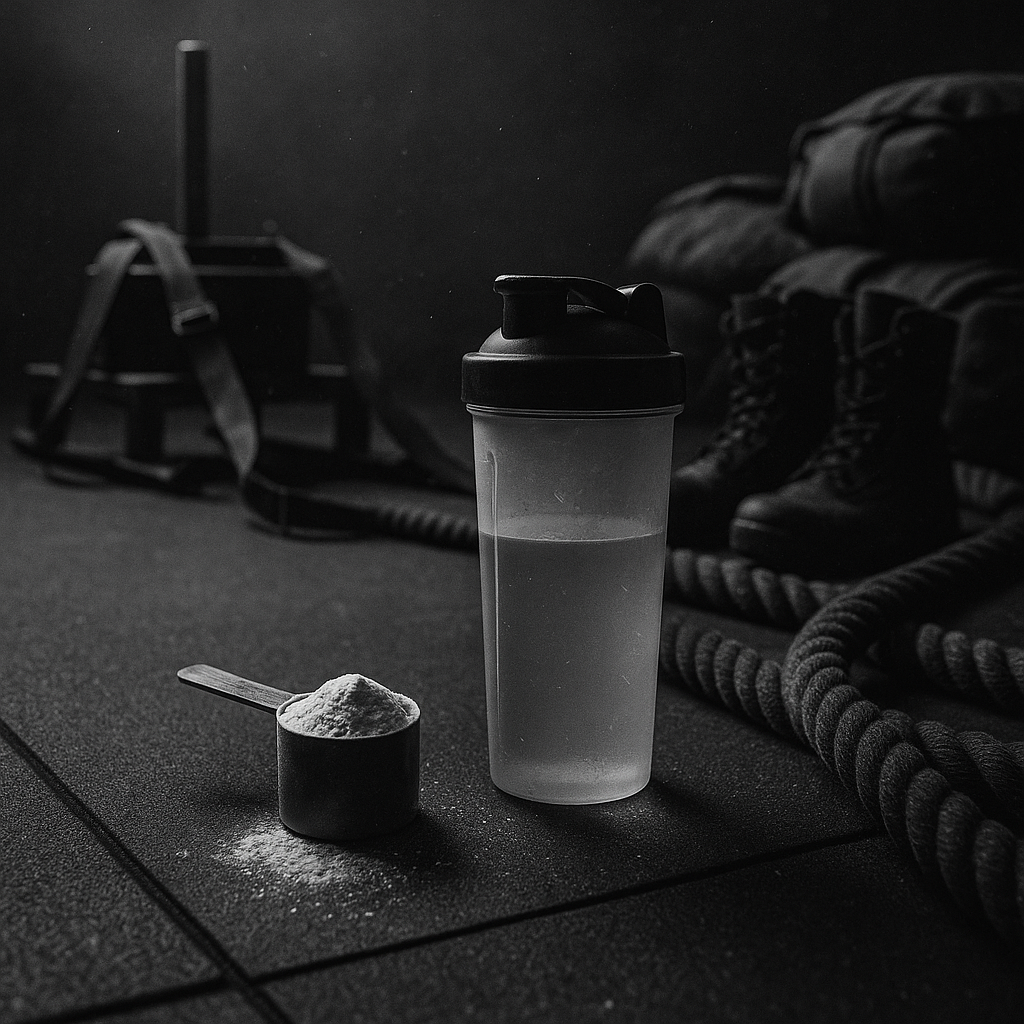Tactical fitness gear on a gym floor: weighted sled, sandbags, duty boots, and a scoop of creatine next to a shaker bottle