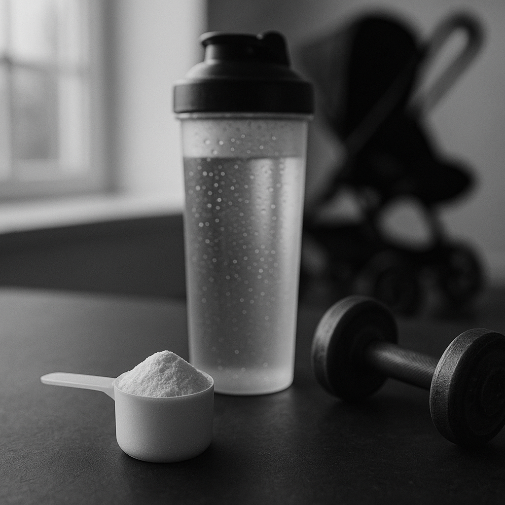 Creatine scoop and water bottle on a yoga mat beside a light dumbbell and baby stroller silhouette in soft window light