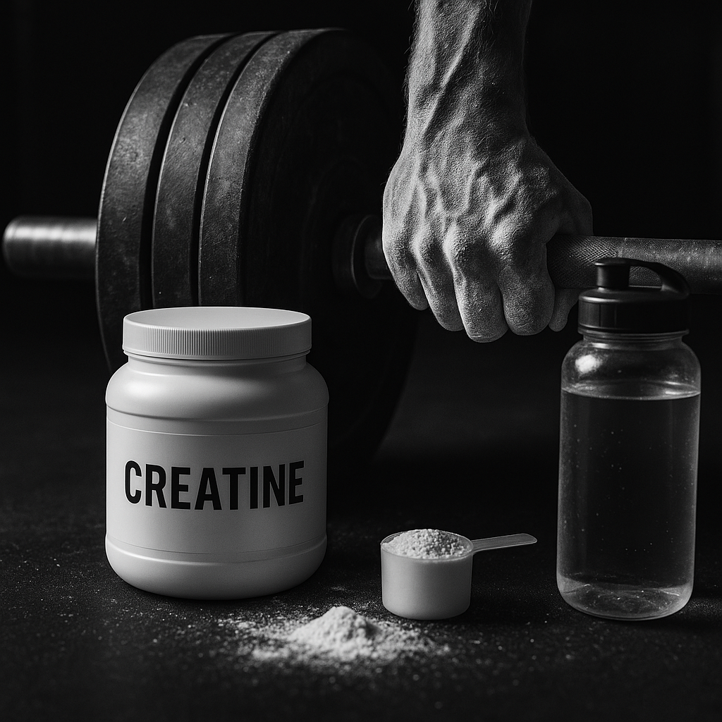 Gros plan d’une main couverte de craie agrippant une barre chargée pour un deadlift, avec un contenant de créatine monohydrate et une cuillère à mesurer à côté d’une bouteille d’eau sur le plancher du gym.