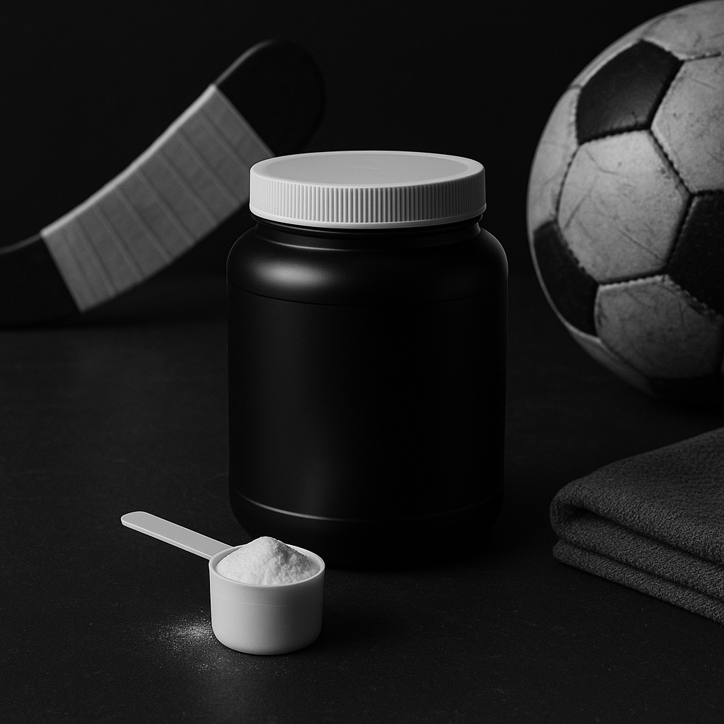 Open tub of creatine monohydrate powder with a scoop on a bench beside a hockey stick, soccer ball, and gym towel in charcoal tones.