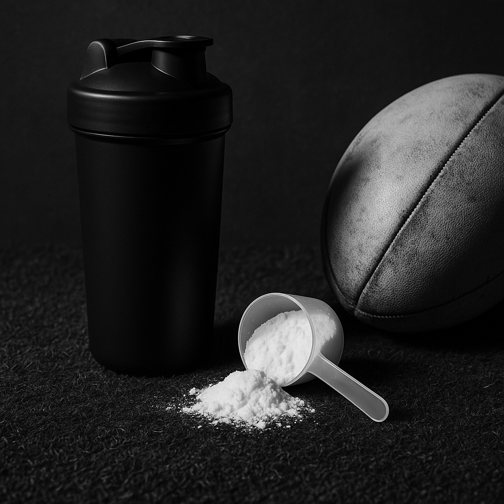 Mesure de créatine monohydrate à côté d’un ballon de rugby sur le gazon avec un shaker, éclairage de studio monochrome