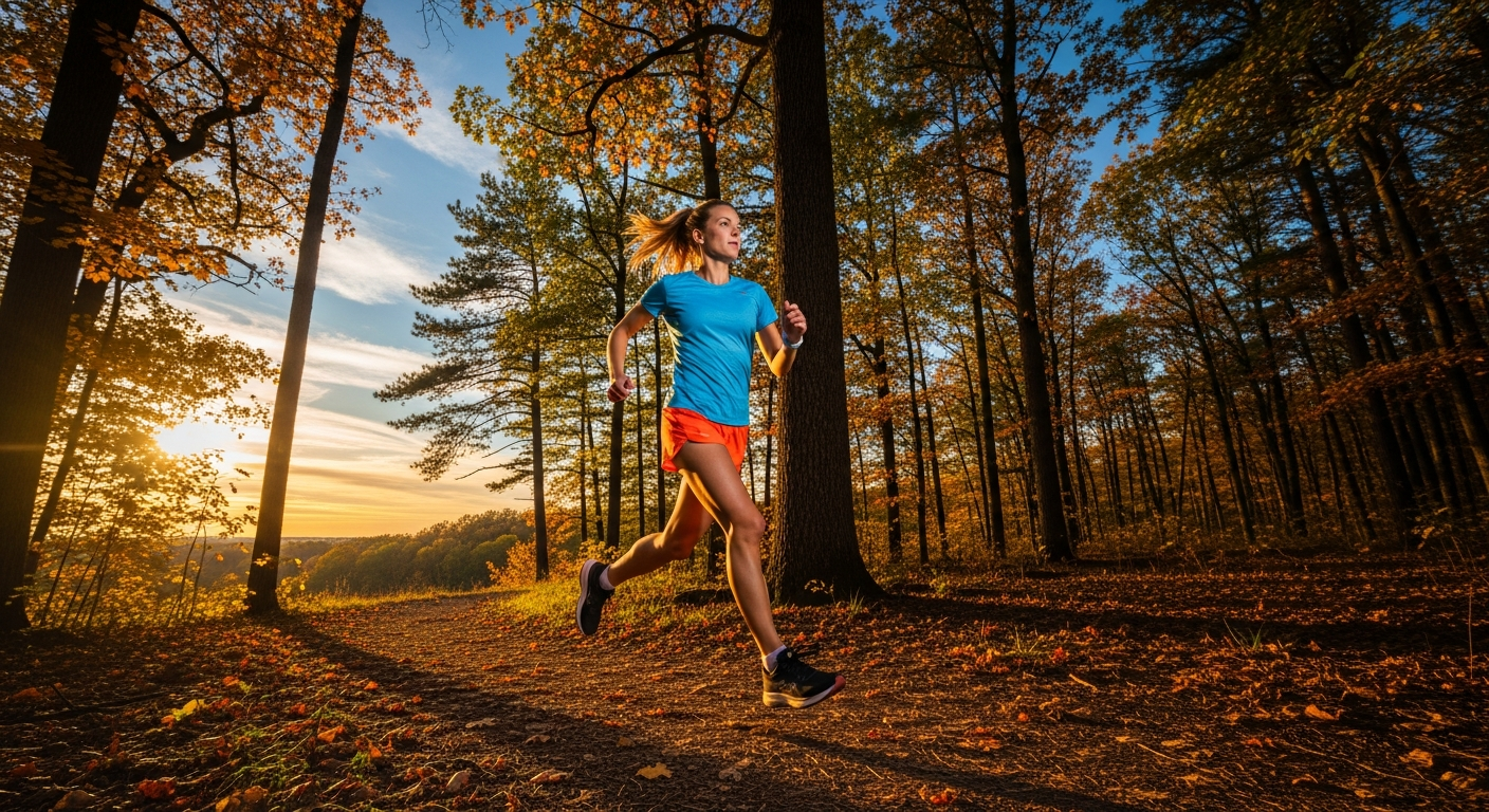 Runner on a trail in morning light with a clear water bottle and running shoes