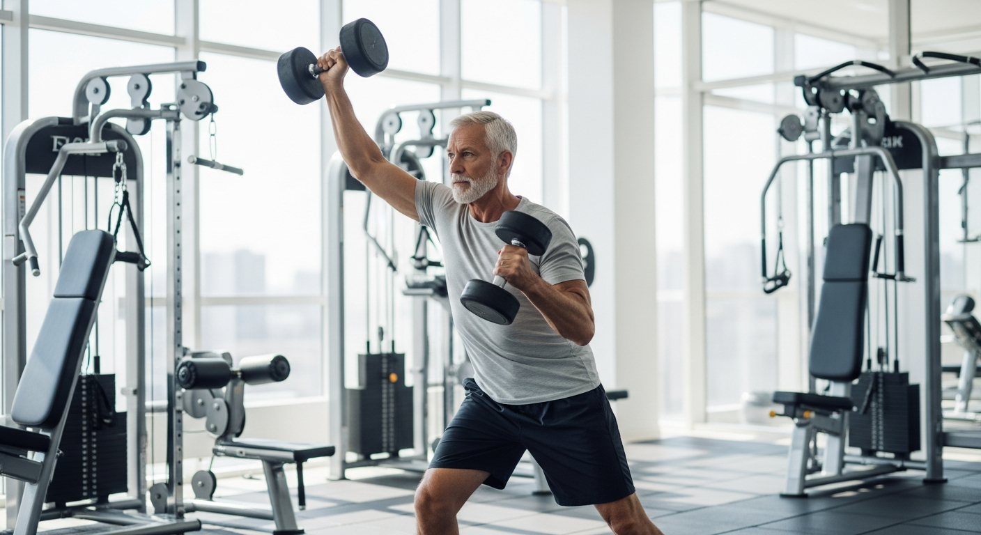 Active older adult exercising with weights in a bright gym