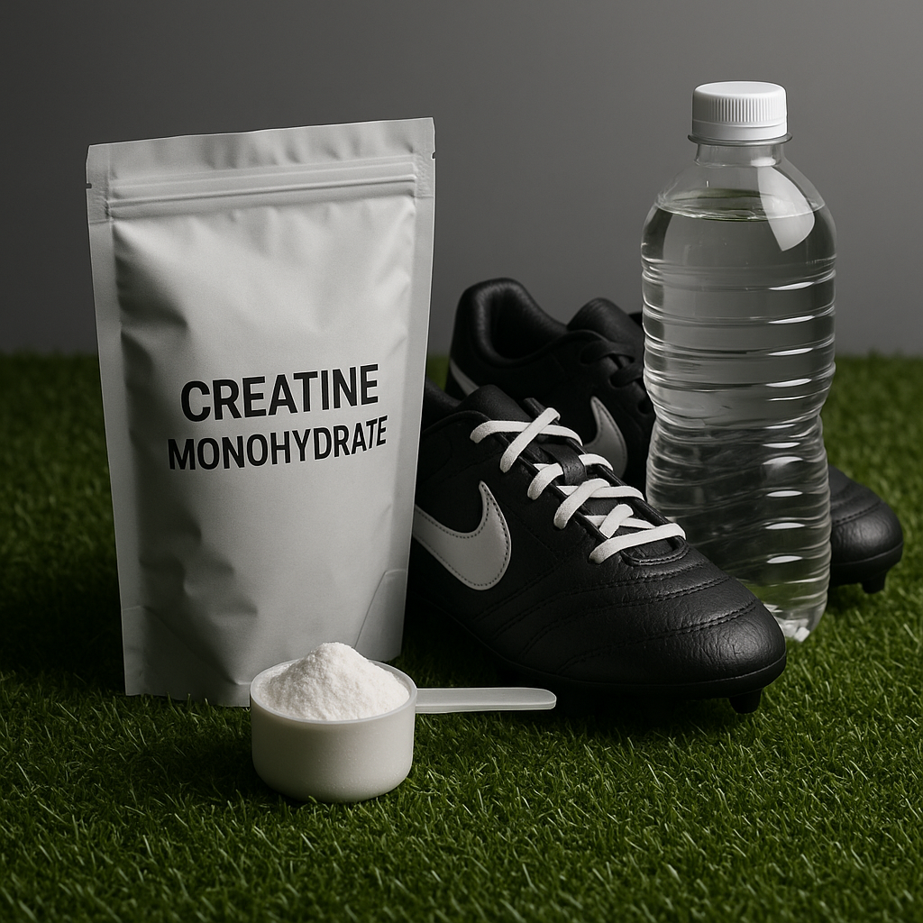 Creatine powder, scoop, and a water bottle on artificial turf with soccer cleats in the frame