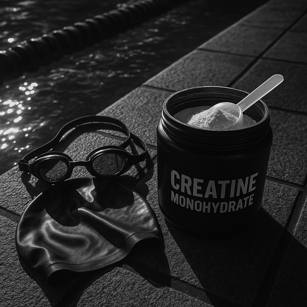 A close-up of creatine monohydrate beside a Canadian swimmer’s goggles and cap on the edge of a competitive swimming pool.