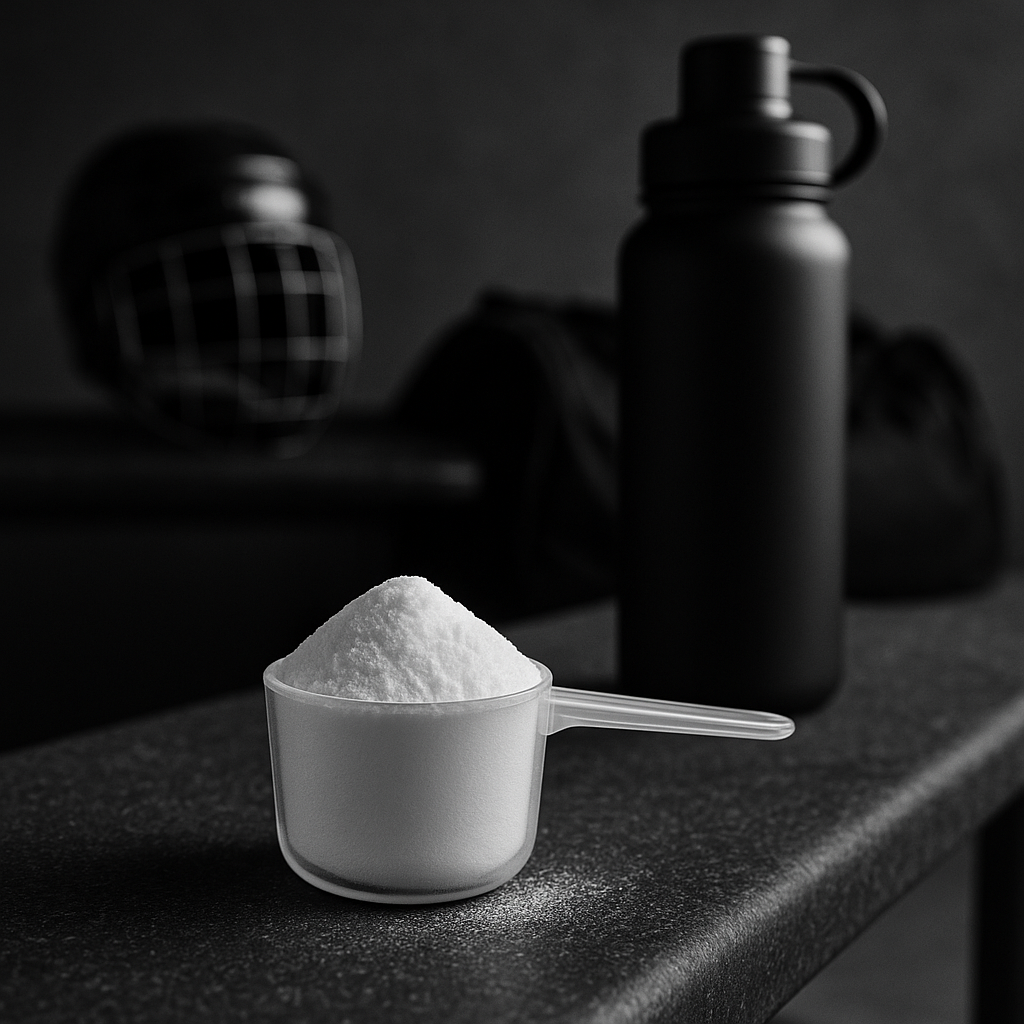 Une mesure de créatine monohydrate et une bouteille d’eau sur un banc de vestiaire à côté d’un casque de hockey et d’un sac de sport
