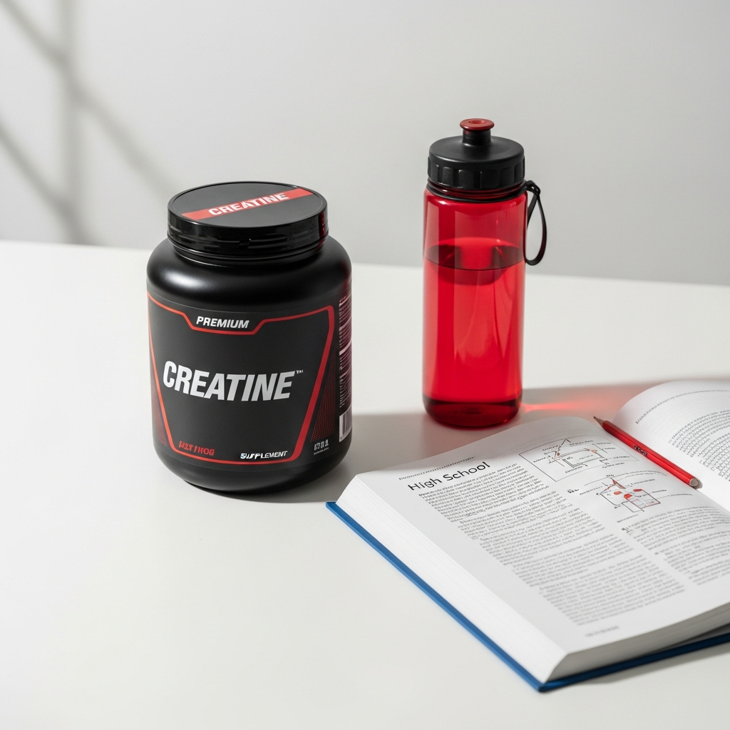 A creatine tub beside a water bottle and school notebook on a clean surface