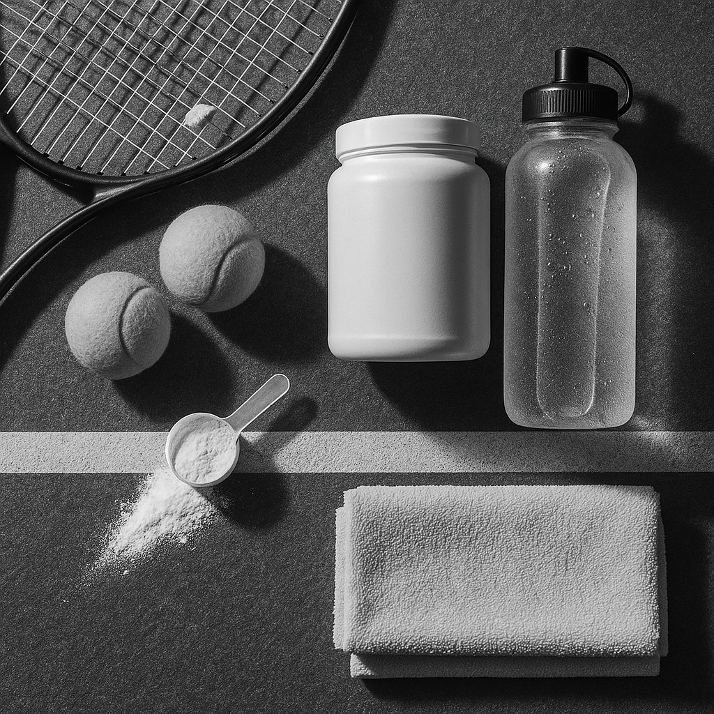 Top-down view of a tennis baseline with a racquet, balls, and a scoop of creatine powder beside a water bottle and towel.