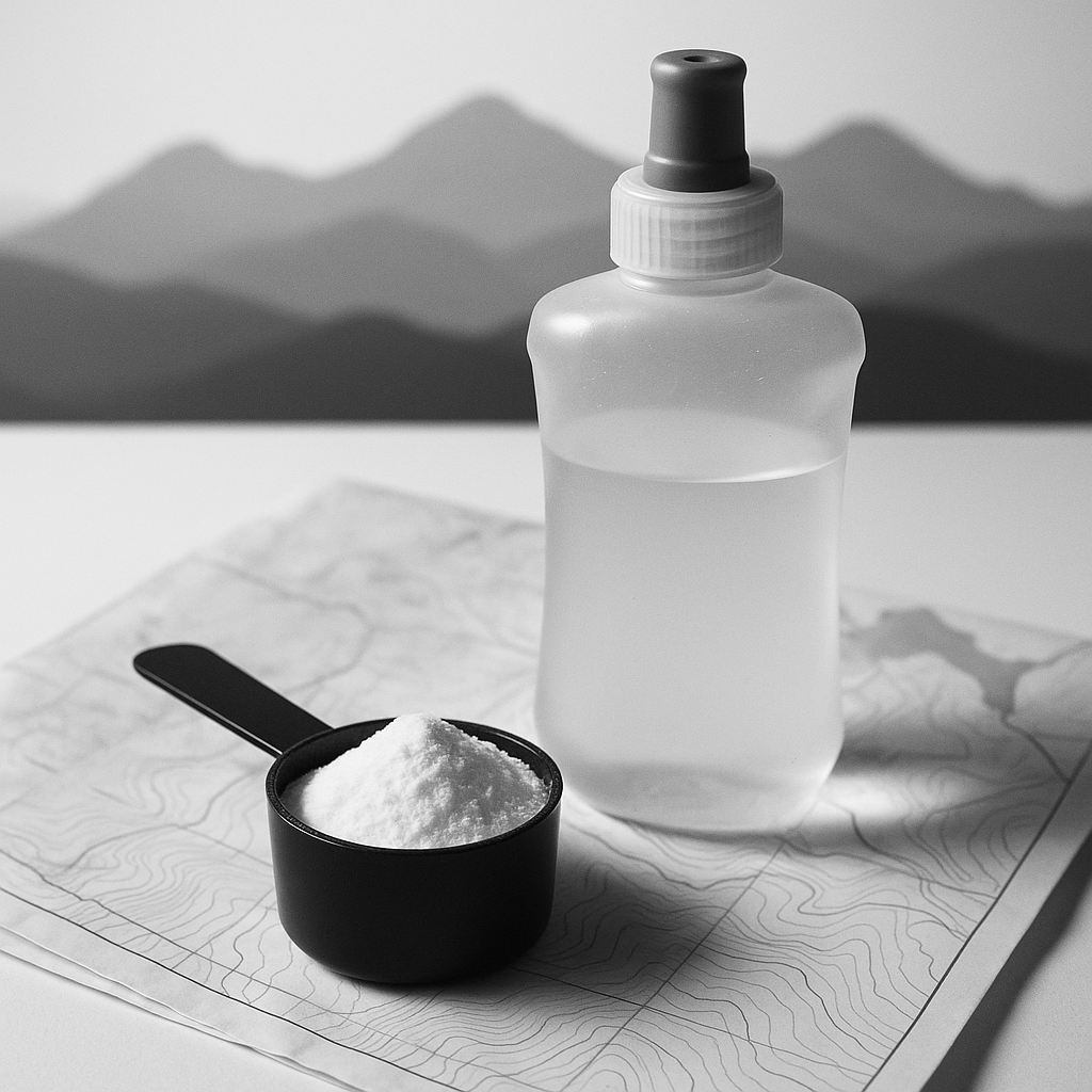 Cuillère de créatine monohydrate, flasque souple et carte de trail avec silhouette de montagne dans des tons charbon froids