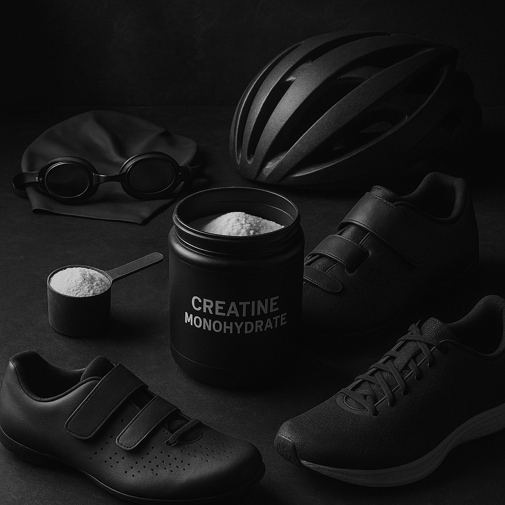 Creatine monohydrate scoop with triathlon gear: swim cap and goggles, cycling shoes and helmet, and running flats on a dark textured surface
