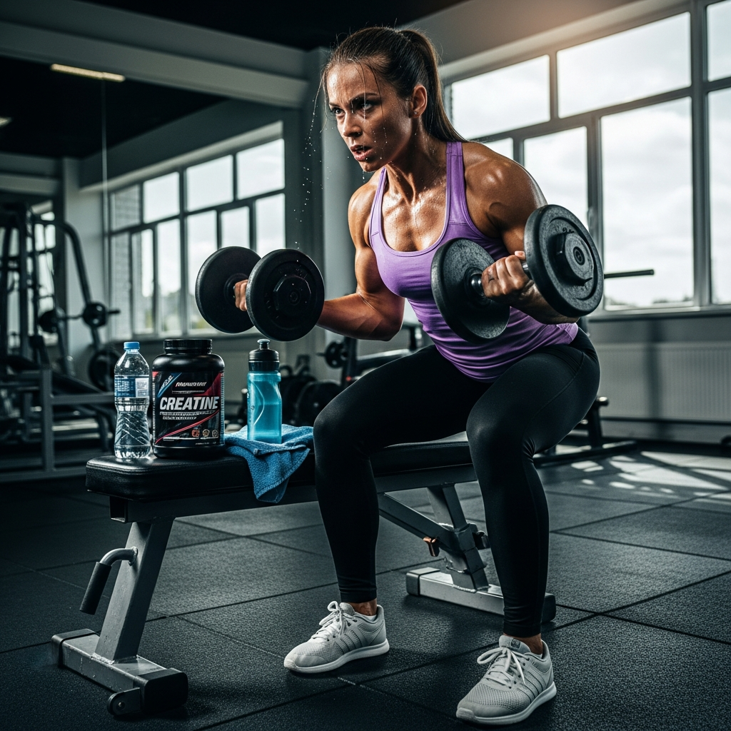 Woman athlete training in a gym with creatine supplement on the bench beside her