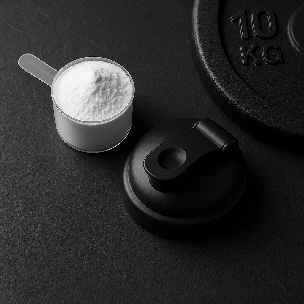 Scoop of creatine monohydrate powder beside a minimalist Canadian barbell plate on a dark slate surface