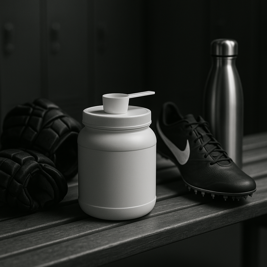Mesure de créatine monohydrate à côté de gants de hockey et d’un soulier à pointes sur un banc de vestiaire, bouteille d’eau à proximité