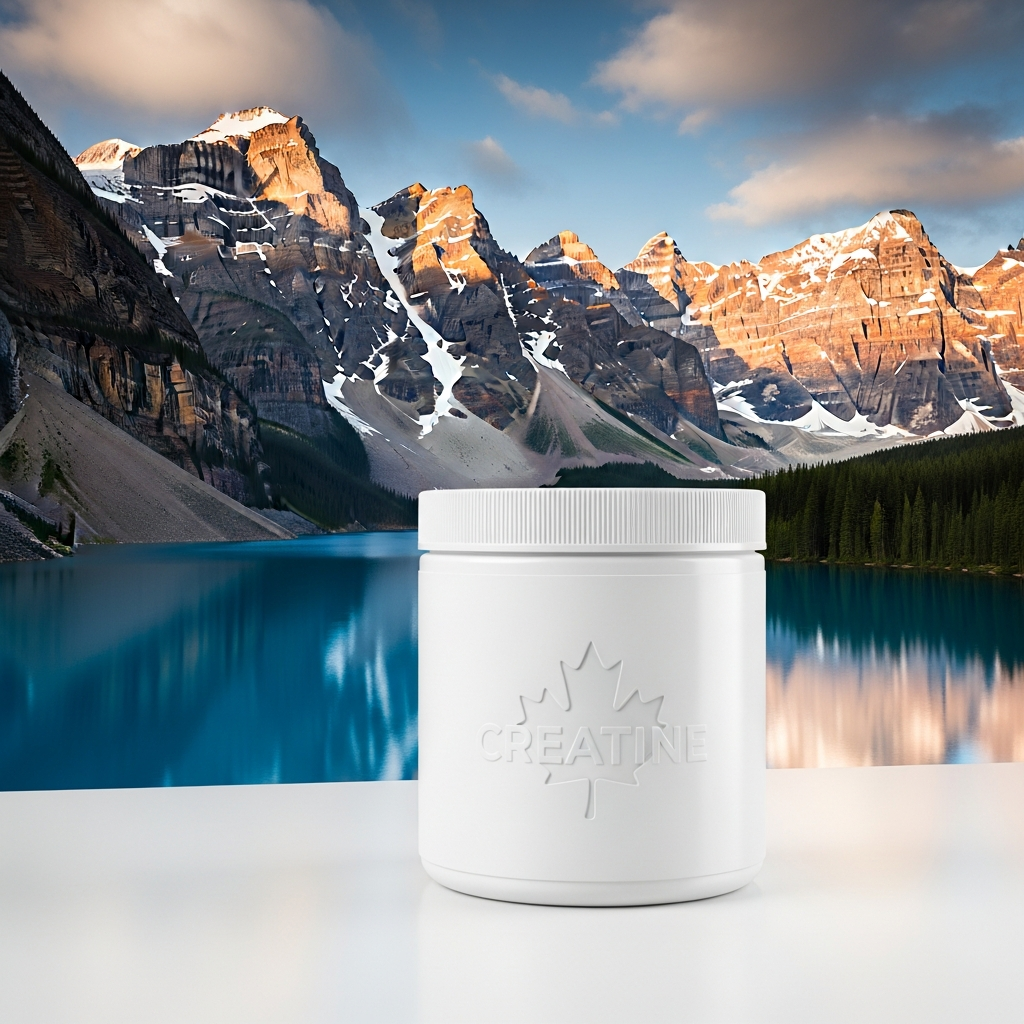 Canadian landscape backdrop with creatine supplement container and maple leaf — premium creatine guide for Canadian buyers