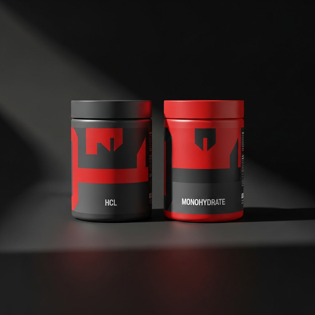 Two creatine supplement tubs side by side on a dark surface representing HCL and monohydrate
