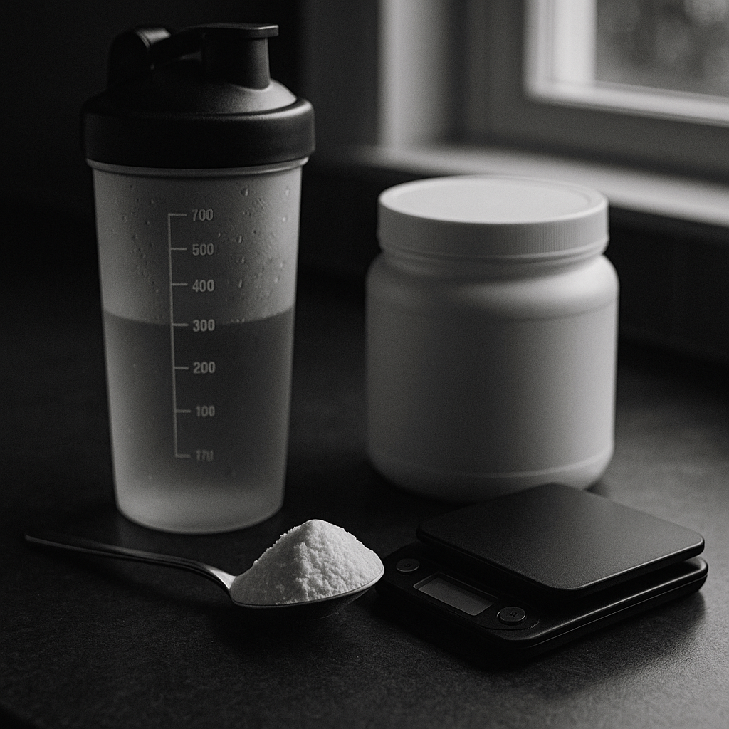Minimalist photo of creatine monohydrate powder on a stainless teaspoon beside a clear shaker bottle with metric markings on a kitchen counter, soft northern light.