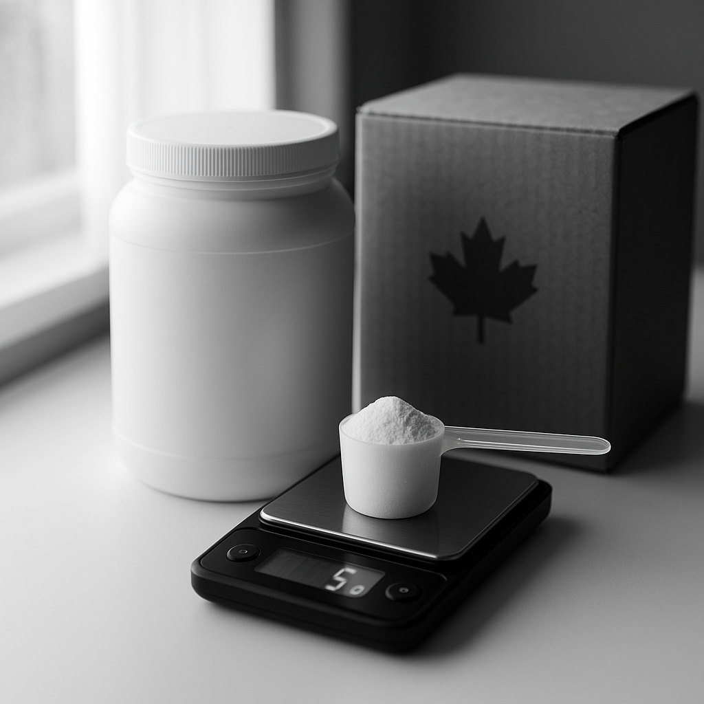 Scène minimaliste d’un pot de créatine monohydrate non aromatisée, d’une scoop sur une balance et d’une boîte d’expédition canadienne sur un comptoir de cuisine.