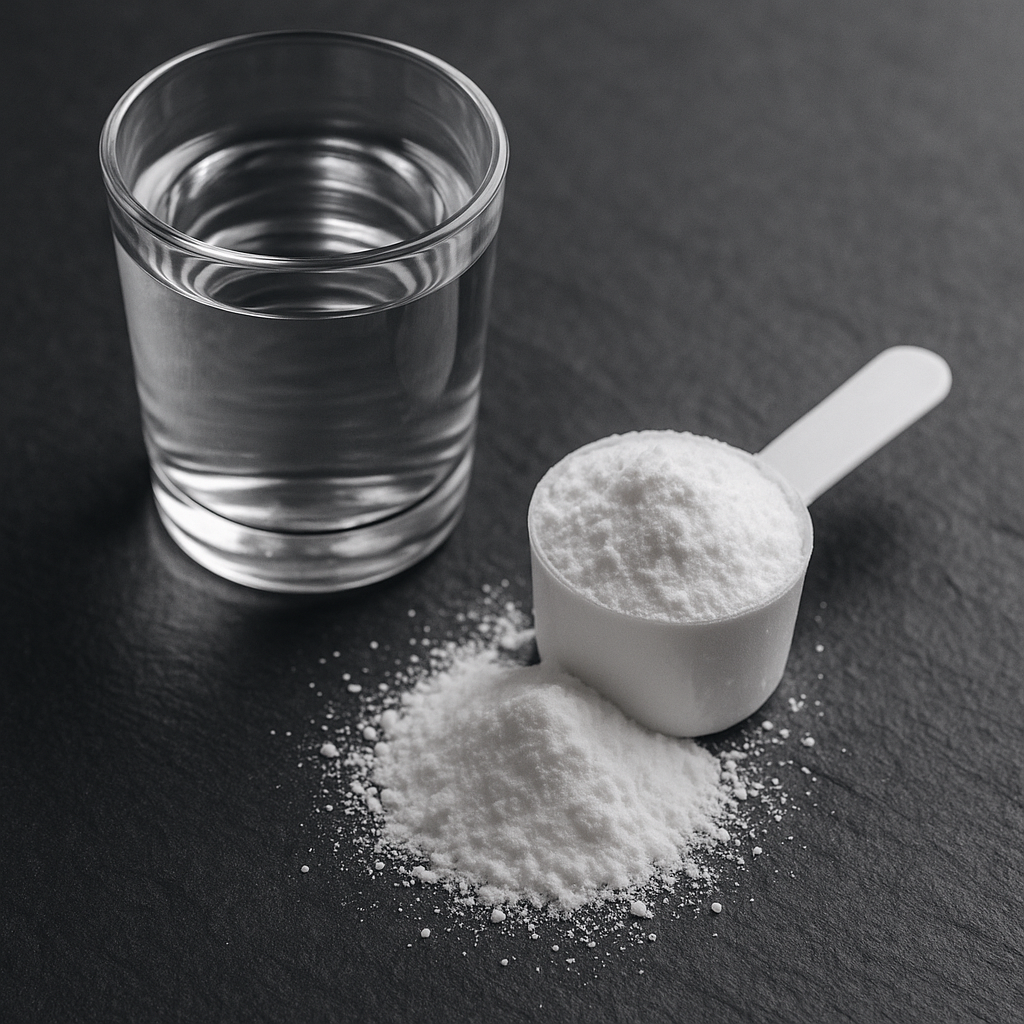 Creatine monohydrate scoop beside a glass of water on a dark concrete surface, with subtle metric measuring lines visible