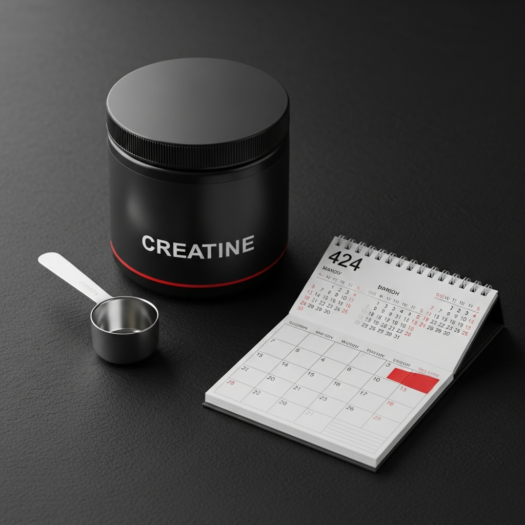 A creatine tub with a measuring scoop and calendar on a dark charcoal surface