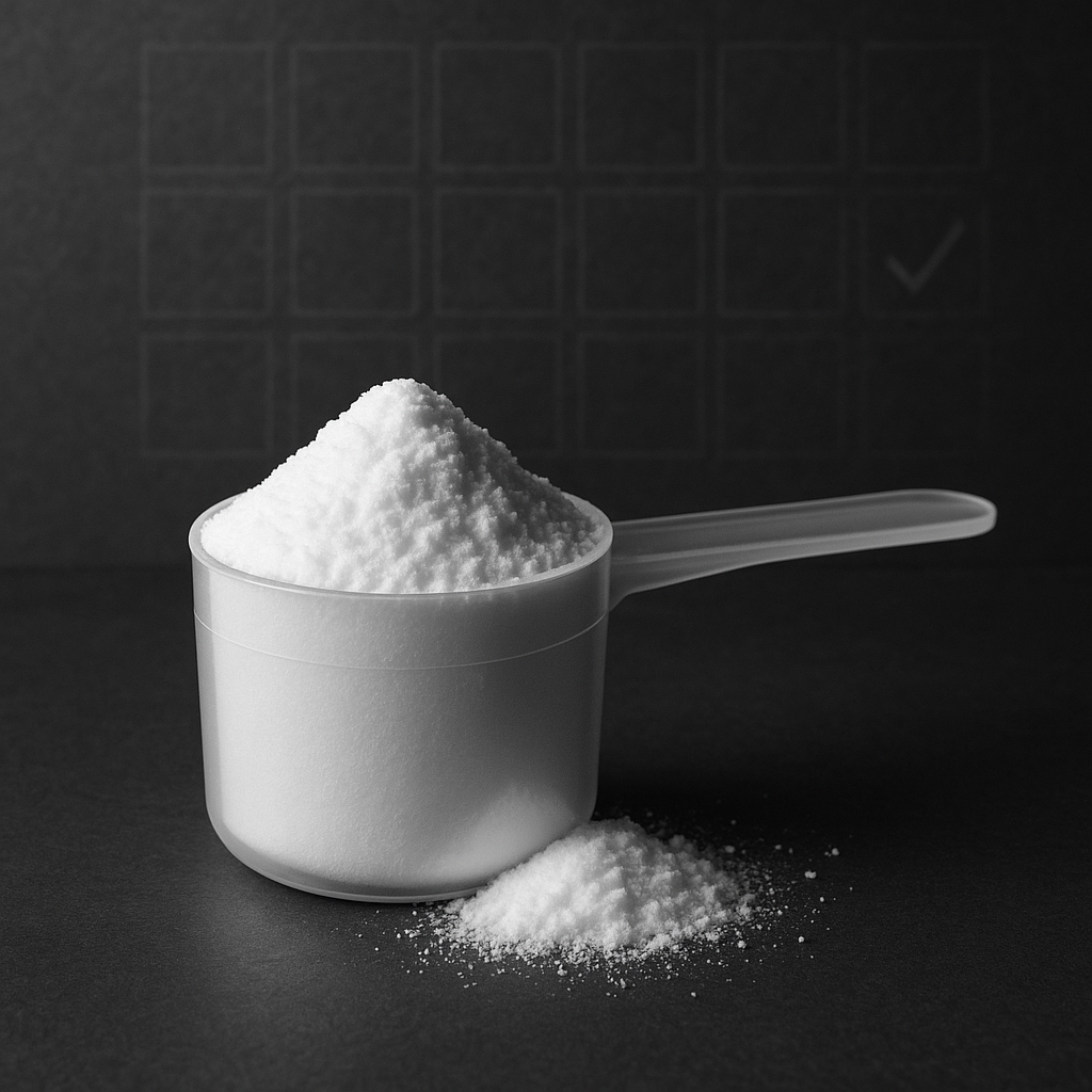 Minimalist scoop of creatine monohydrate on a dark slate surface with a faint yearly calendar grid in the background, symbolizing long-term daily use