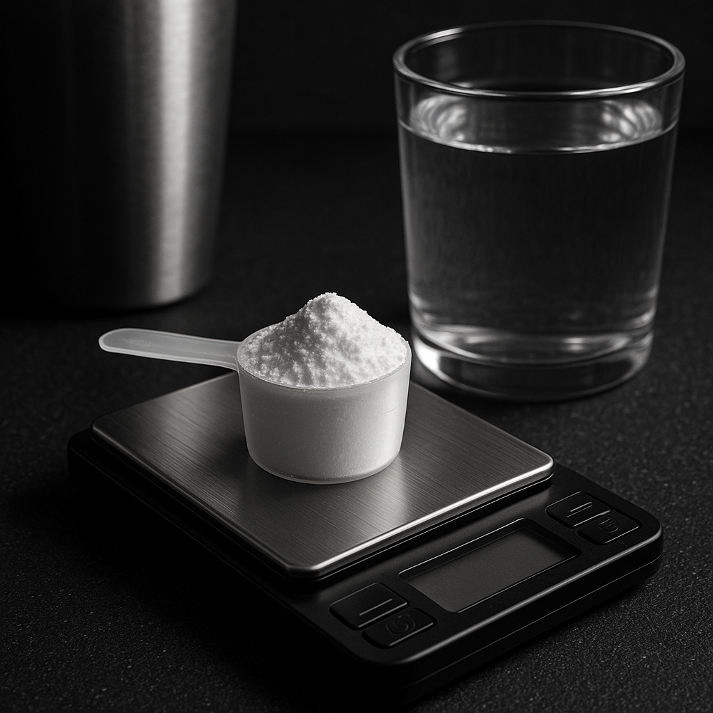 Scoop of creatine monohydrate on a digital scale beside a glass of water, minimal black-and-white gym backdrop