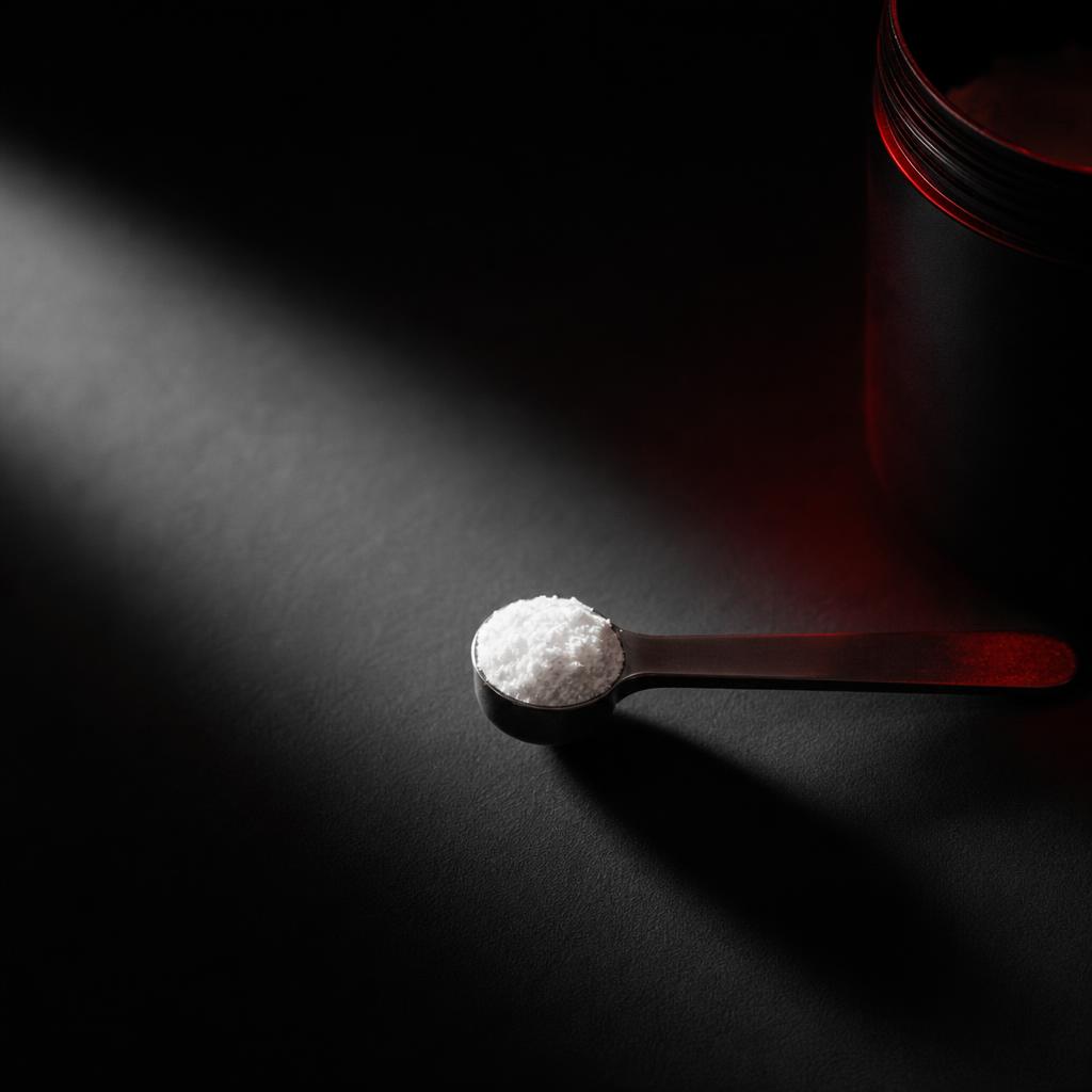 Une petite cuillère à mesurer précise contenant une quantité minimale de poudre de créatine monohydrate sur une surface foncée