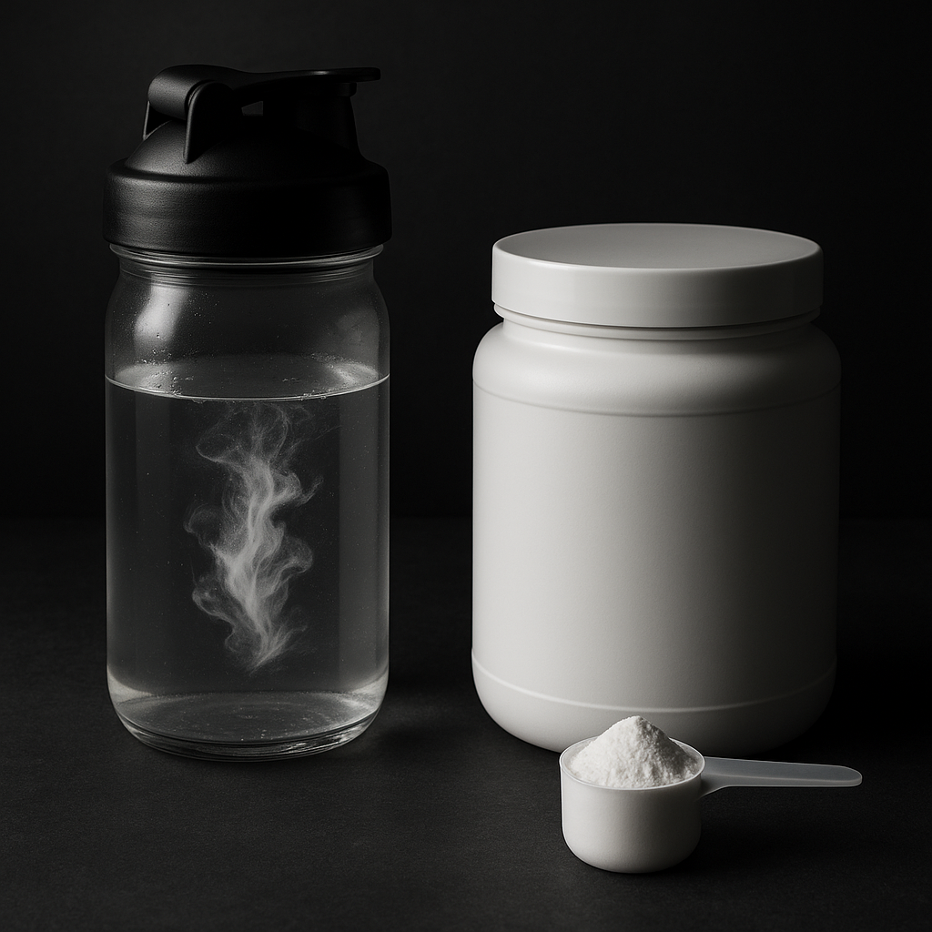 A glass shaker bottle with clear water and a swirl of dissolving creatine powder beside a dry, sealed creatine tub and a clean scoop