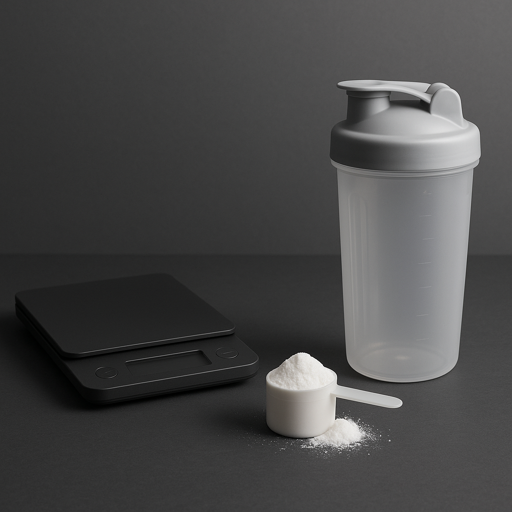 A scoop of creatine monohydrate powder next to a digital kitchen scale and a shaker bottle, on a white background with subtle charcoal tones.