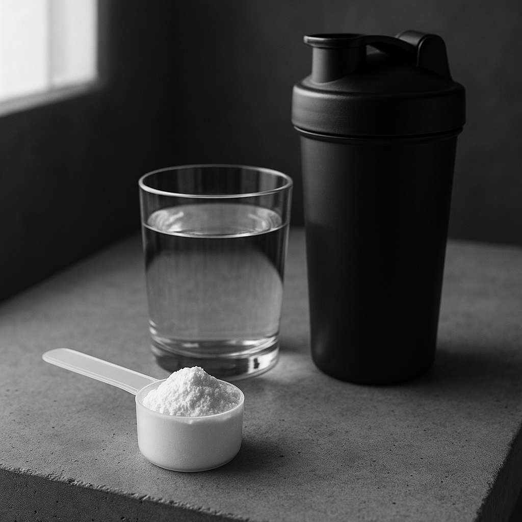 Minimalist charcoal-toned scoop of creatine monohydrate beside a glass of water on a textured bench, gym towel and shaker in soft focus.