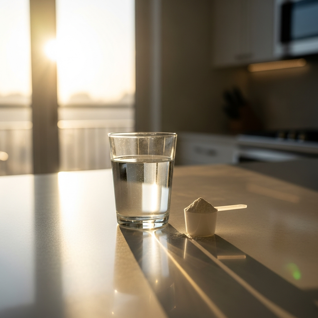 Glass of water with creatine in morning sunlight on a kitchen counter