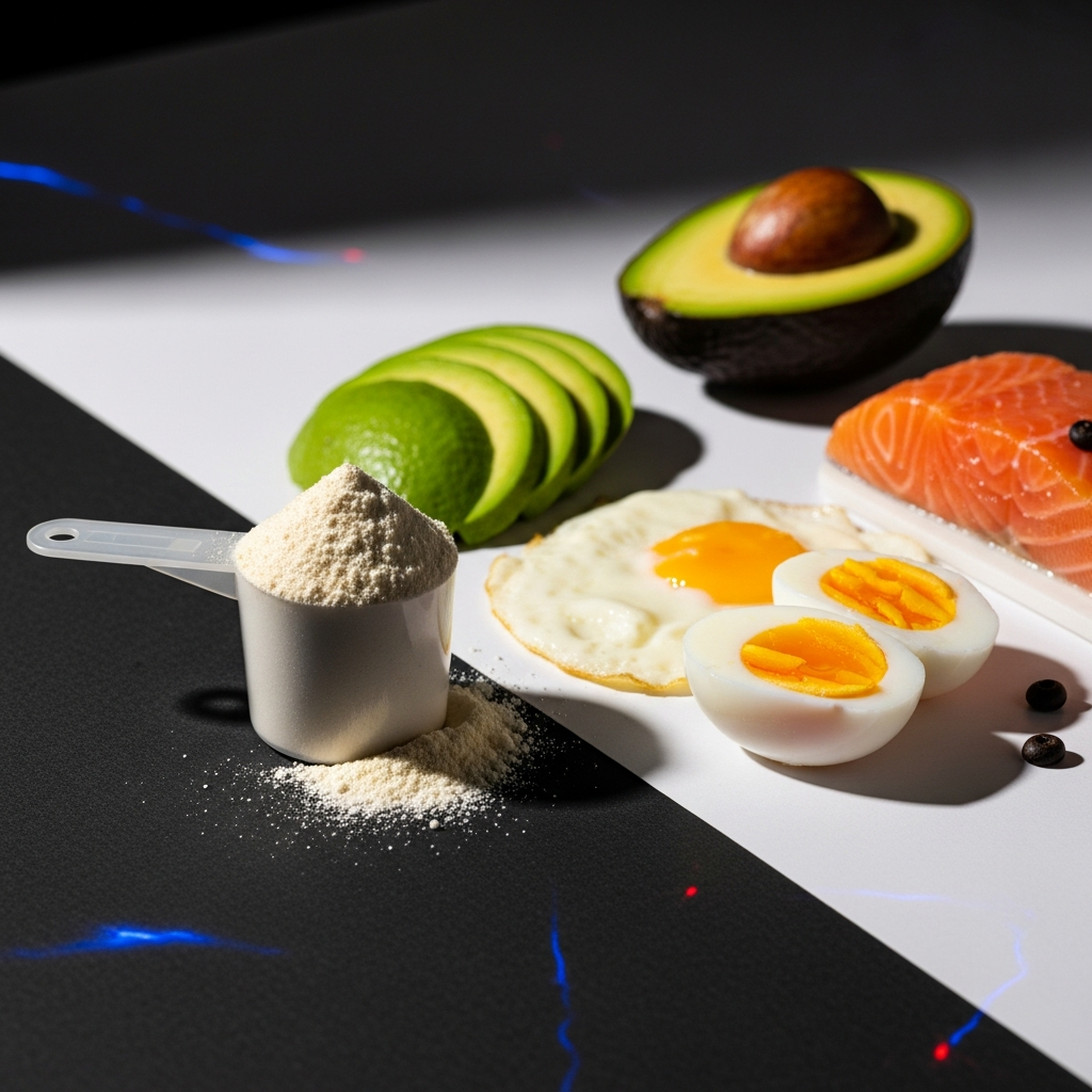 Un shaker de créatine à côté d'aliments keto comme l'avocat, les œufs et le saumon