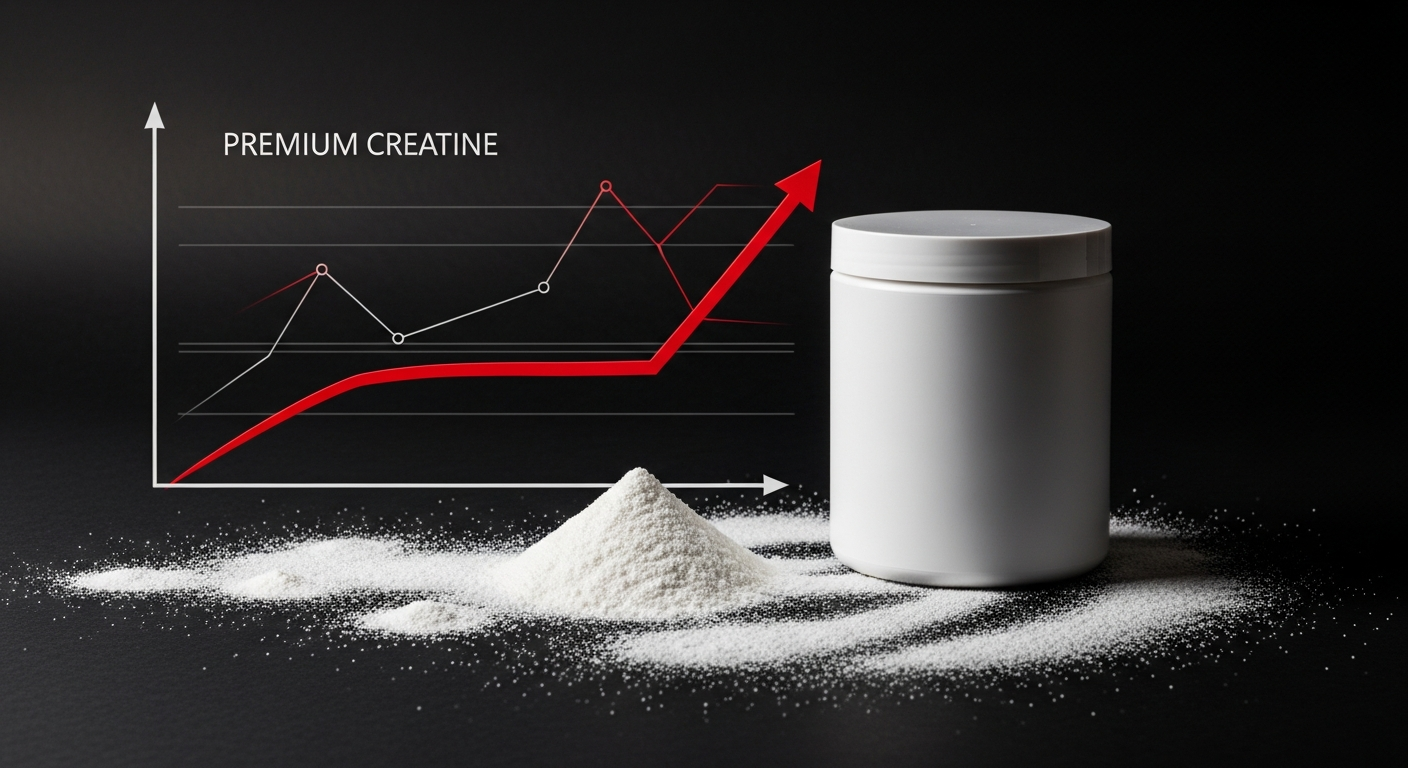 A creatine tub beside a training journal showing a flat progress curve on a gym bench