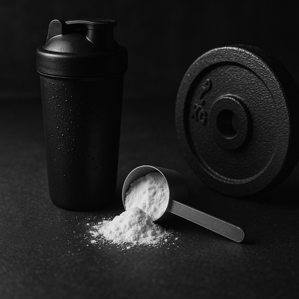 Mesure de créatine monohydrate à côté d’un shaker et d’un disque d’haltère dans un gym, prise après un entraînement