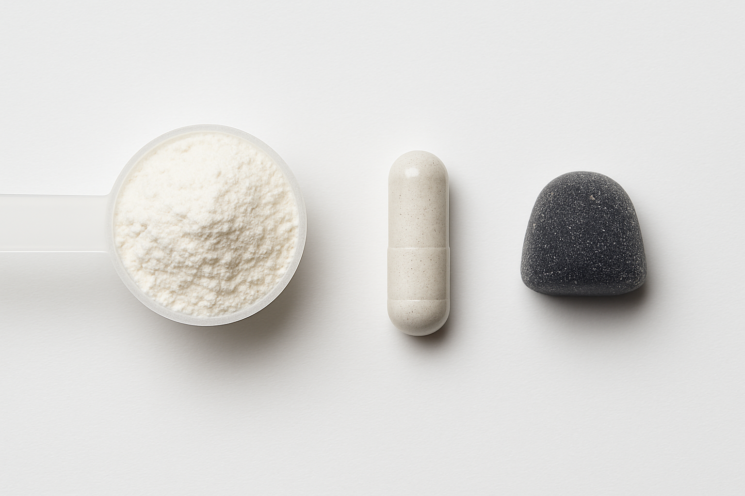 Three forms of creatine supplements — powder, capsules, and gummies — side by side on a white surface