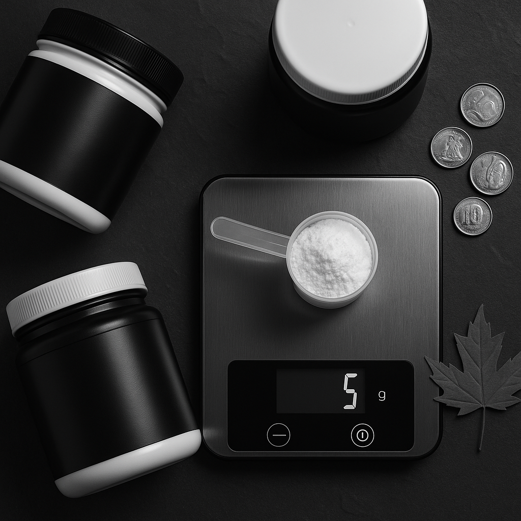 Vue à plat de pots et de cuillères de créatine mesurés sur une balance avec des pièces canadiennes, mettant en évidence le coût par gramme sur un fond d’ardoise