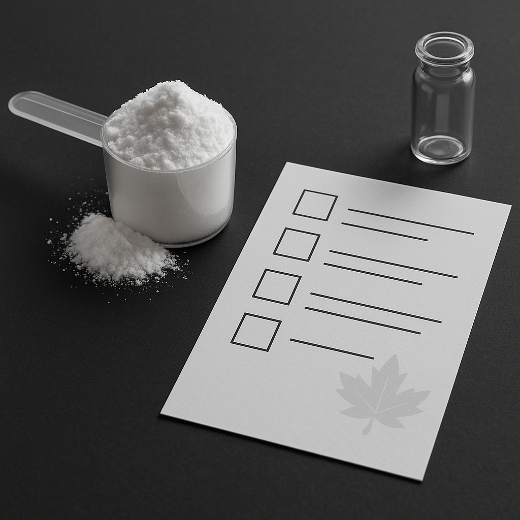 Scoop of white creatine powder next to a minimal, text-free lab report sheet with checkmarks and lab glassware in a clean, monochrome Canadian lab setting.