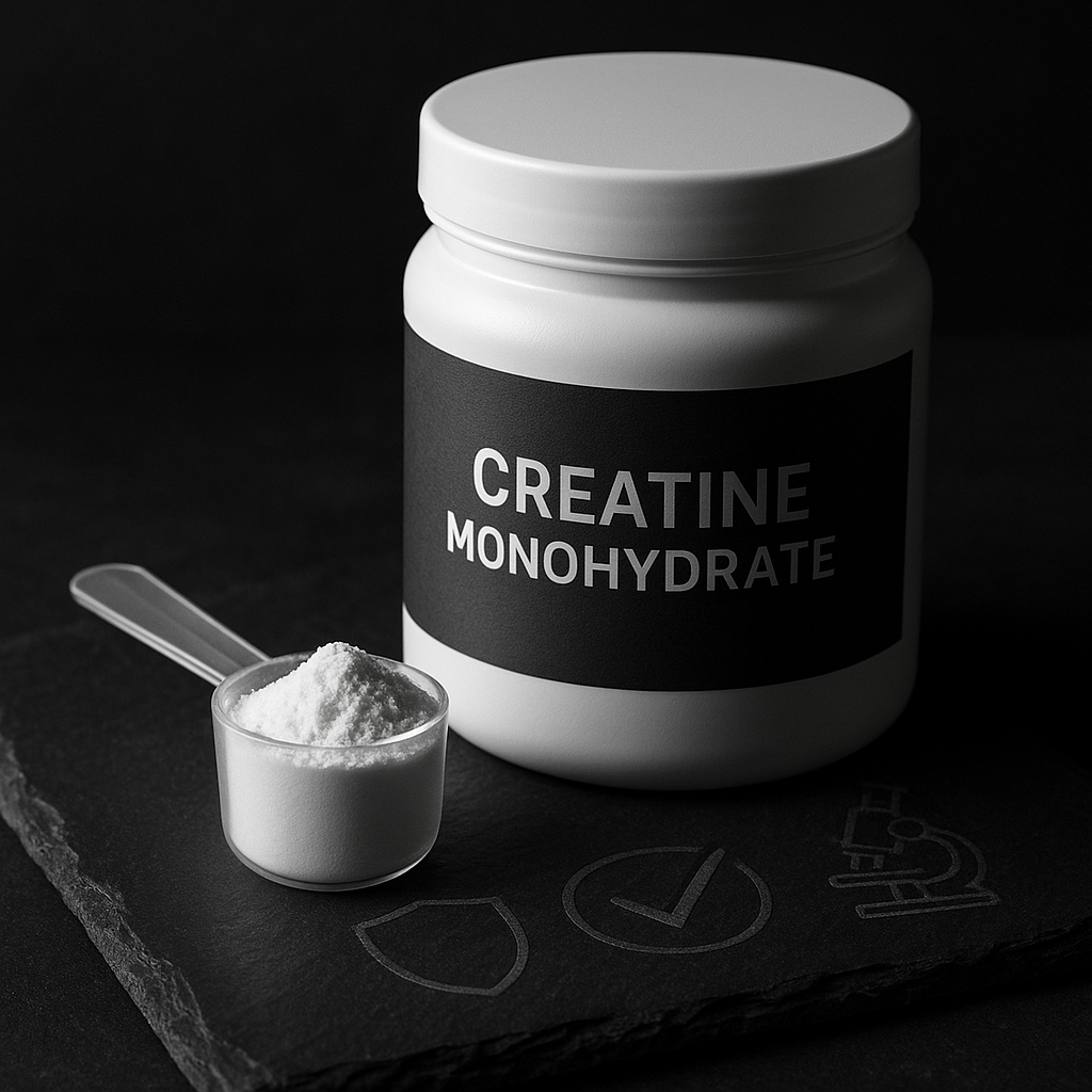 Close-up of a plain white creatine tub on a dark slate surface with certification-style icons (shield, checkmark, microscope) beside a scoop of powder