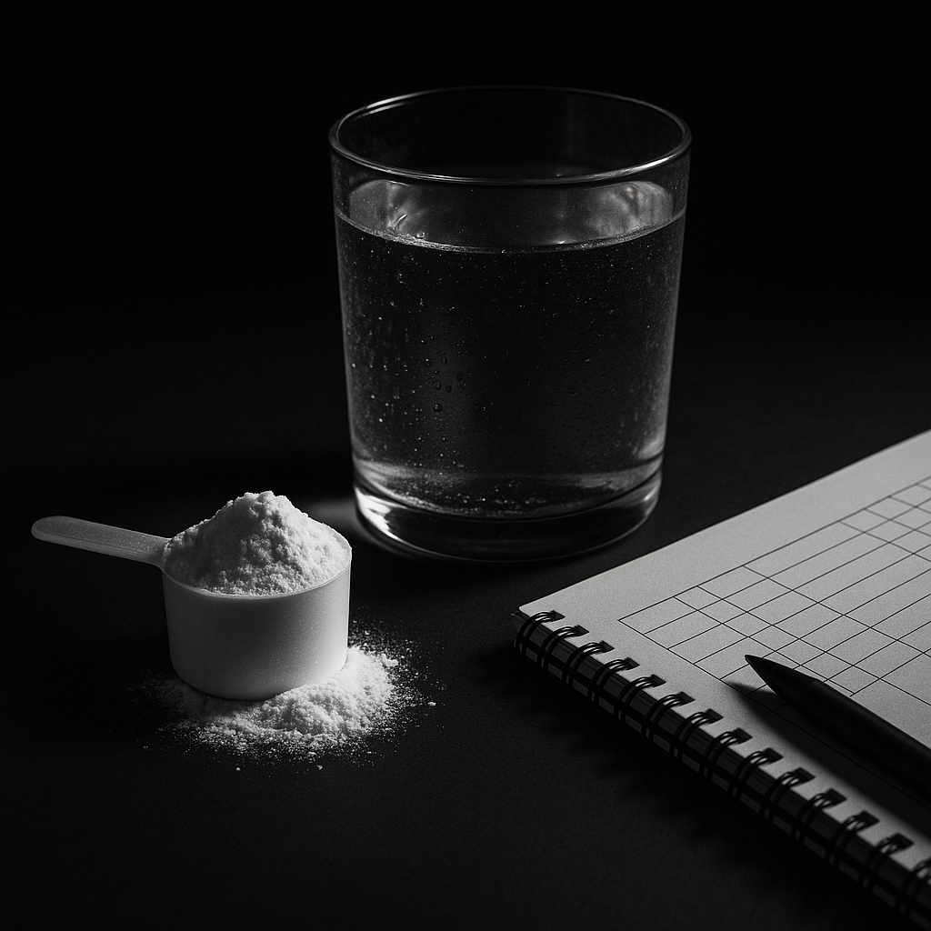 Close-up of a scoop of creatine monohydrate powder beside a glass of water and a training log, emphasizing a restart protocol.