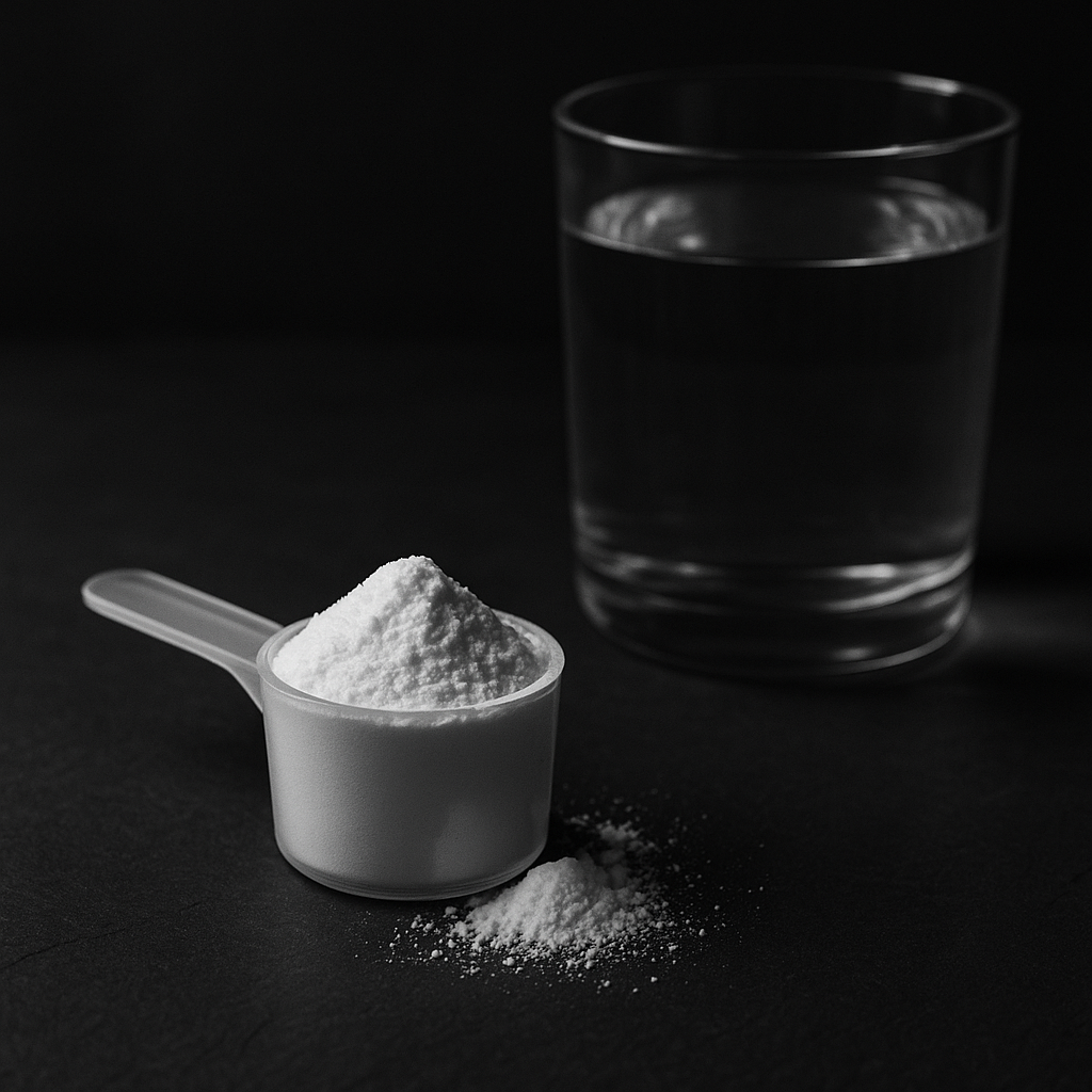Creatine monohydrate scoop and glass of water on a dark textured surface with subtle highlights